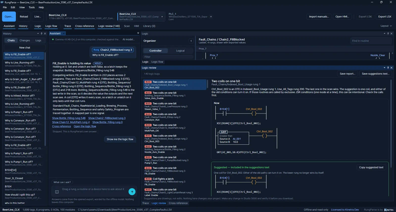 RungParse with the Helix assistant answering why Fill_Enable is off
